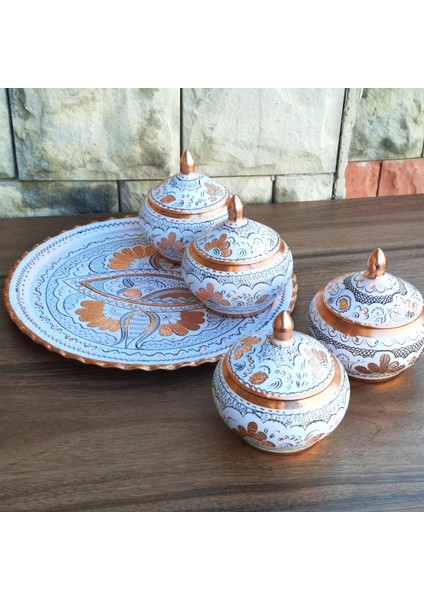 Bakır Baharatlık Tepsili Dörtlü Beyaz Renk Bosna 250 ml