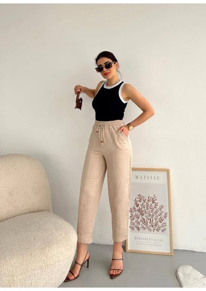 Kadın Beli Lastikli Biyeli Ince Yazlık Keten Pantolon