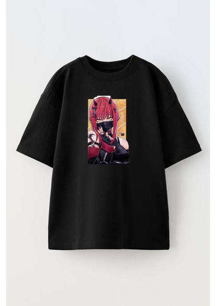 Unisex Siyah Oversize Pamuk Kırmızı Saçlı Anime Boynuzlu Şeytan Baskılı Örme T-Shirt
