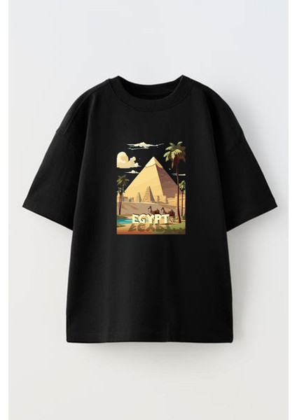 Unisex Siyah Oversize Pamuk Mısır Piramit Baskılı Örme T-Shirt