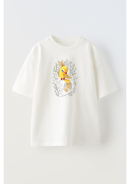 Unisex Beyaz Oversize Pamuk Sarı Papağan Baskılı Örme T-Shirt