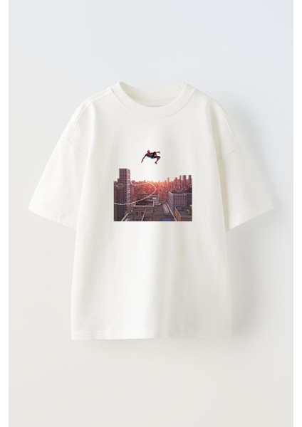 Unisex Beyaz Oversize Pamuk Spiderman Düşüyor Baskılı Örme T-Shirt