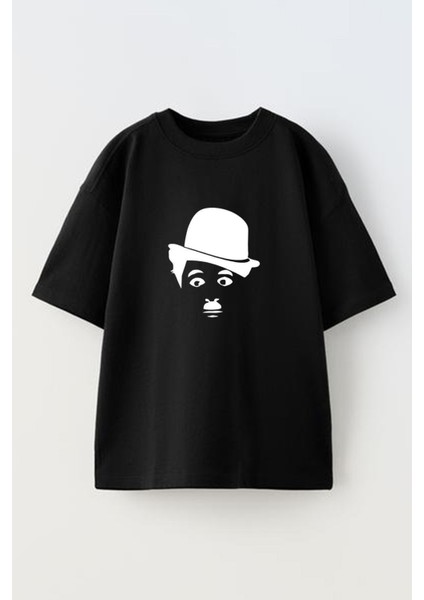 Unisex Siyah Oversize Pamuk Carlie Chaplin Baskılı Örme T-Shirt