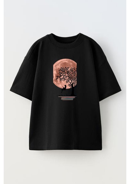 Unisex Siyah Oversize Pamuk Dolunay Çınar Ağacı Baskılı Örme T-Shirt