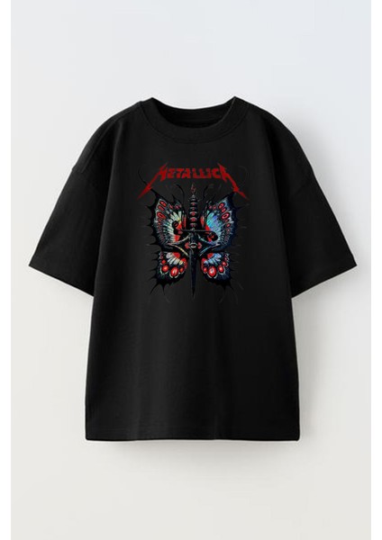 Unisex Siyah Oversize Pamuk Kelebek Metallica Gitar Baskılı Örme T-Shirt