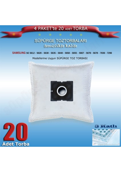 Samsung Sc 5612 - 5620 – 5630 – 5635 – 5640 – 5650 – 5655 – 5667 – 5670 - 5678 – 7030 - 7290 Modellerine Uygun Süpürge Toz Torbası 200120