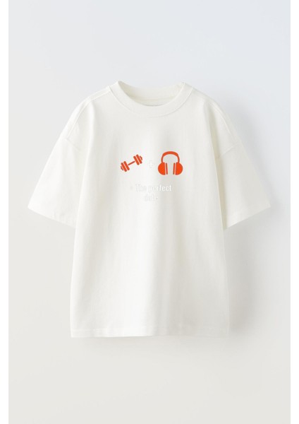 Unisex Beyaz Oversize Pamuk Dumbell Kulaklık Body Baskılı Örme T-Shirt