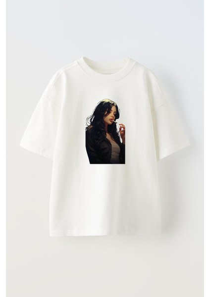 Unisex Beyaz Oversize Pamuk Kot Ceketli Genç Kız Baskılı Örme T-Shirt