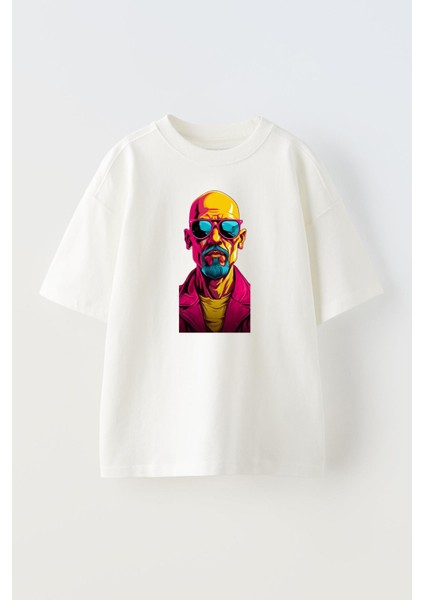 Unisex Beyaz Oversize Pamuk Top Sakallı Gözlüklü Erkek Baskılı Örme T-Shirt
