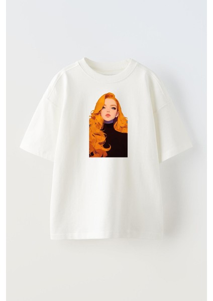 Unisex Beyaz Oversize Pamuk Turuncu Saçlı Genç Kız Baskılı Örme T-Shirt