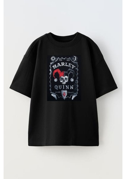 Unisex Siyah Oversize Pamuk Harley Quinn Baskılı Örme T-Shirt