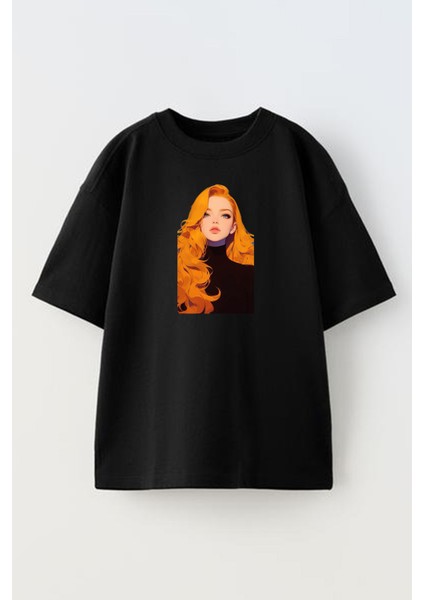 Unisex Siyah Oversize Pamuk Turuncu Saçlı Genç Kız Baskılı Örme T-Shirt