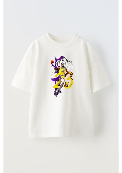 Unisex Beyaz Oversize Pamuk Smaç Basket Siyahi Idol Baskılı Örme T-Shirt
