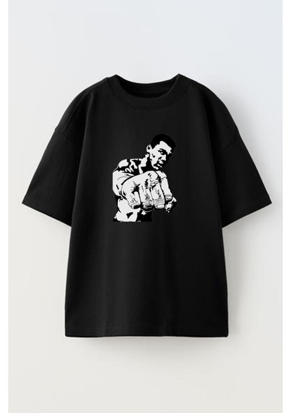 Unisex Siyah Oversize Pamuk Muhammed Ali Direk Baskılı Örme T-Shirt