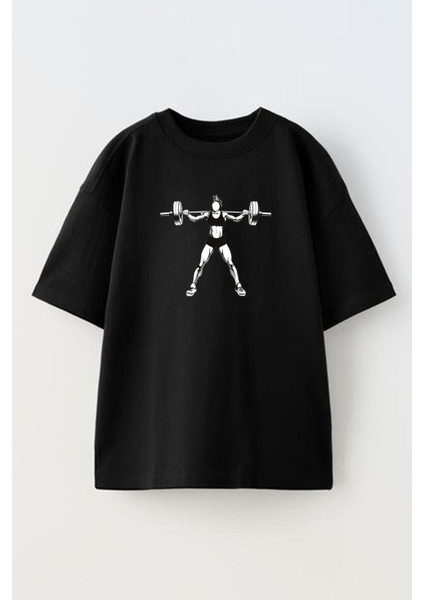 Unisex Siyah Oversize Pamuk Squat Çalışan Kadın Baskılı Örme T-Shirt