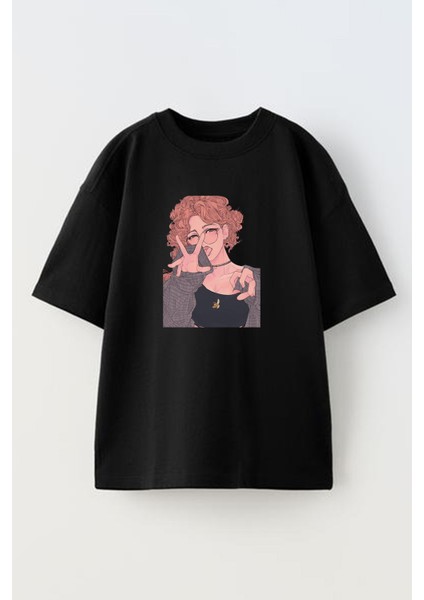 Unisex Siyah Oversize Pamuk Kıvırcık Pembe Gözlüklü Kadın Baskılı Örme T-Shirt
