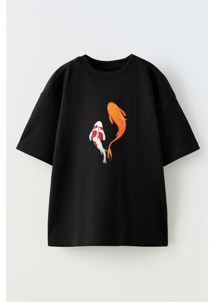 Unisex Siyah Oversize Pamuk Yüzen Japon Balıkları Baskılı Örme T-Shirt