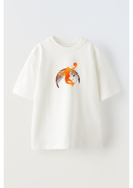 Unisex Beyaz Oversize Pamuk Basketbol Top Smaç Baskılı Örme T-Shirt