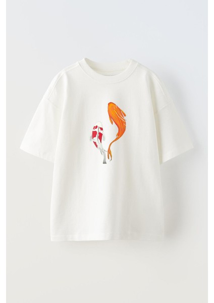 Unisex Beyaz Oversize Pamuk Yüzen Japon Balıkları Baskılı Örme T-Shirt