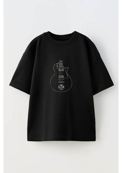 Unisex Siyah Oversize Pamuk Yonca Yaprağı Gitar Baskılı Örme T-Shirt