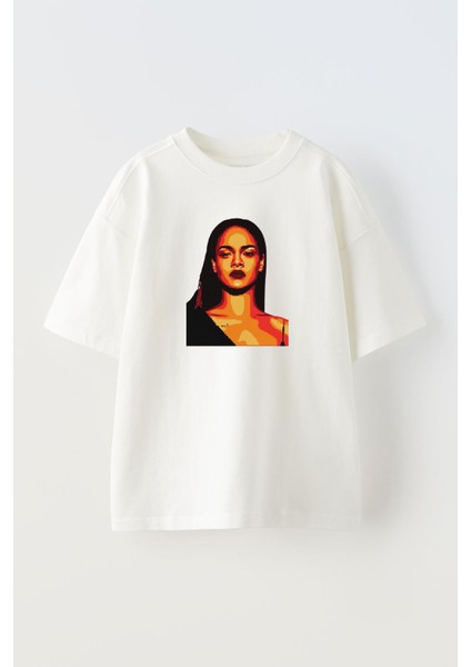 Unisex Beyaz Oversize Pamuk Rihanna Poster Baskılı Örme T-Shirt