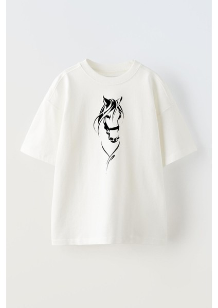 Unisex Beyaz Oversize Pamuk At Kara Kalem Baskılı Örme T-Shirt