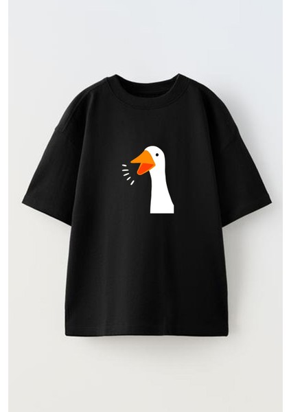 Unisex Siyah Oversize Pamuk Kaz Başı Baskılı Örme T-Shirt