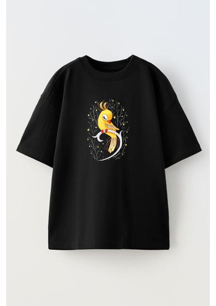 Unisex Siyah Oversize Pamuk Sarı Papağan Baskılı Örme T-Shirt
