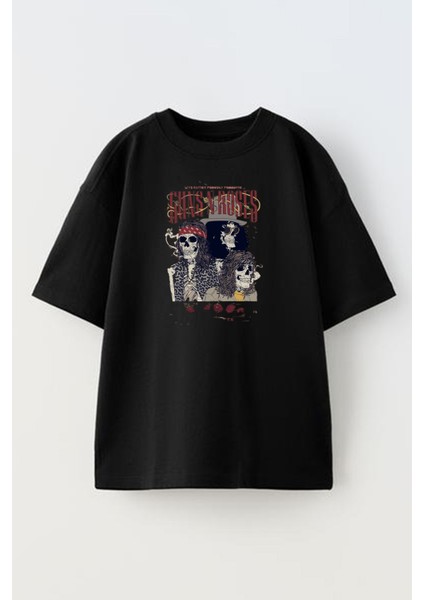 Unisex Siyah Oversize Pamuk Guns N Roses Baskılı Örme T-Shirt