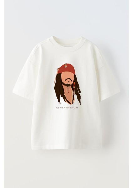 Unisex Beyaz Oversize Pamuk Jack Sıparrov Poster Baskılı Örme T-Shirt