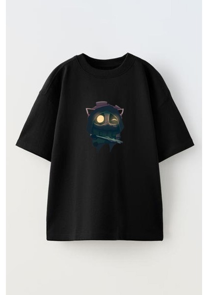 Unisex Siyah Oversize Pamuk Lol Karakteri Teemo Baskılı Örme T-Shirt