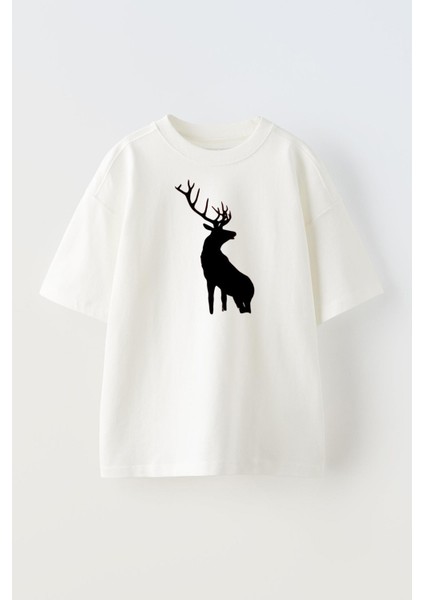 Unisex Beyaz Oversize Pamuk Geyik Gölgesi Baskılı Örme T-Shirt