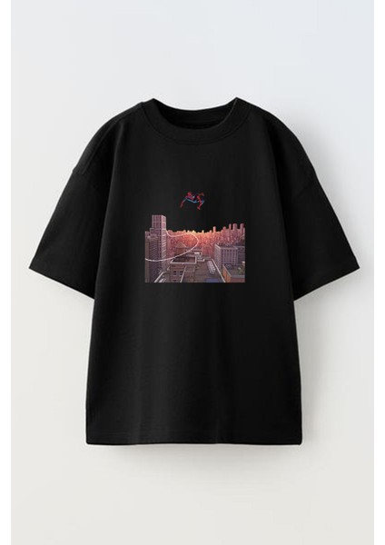 Unisex Siyah Oversize Pamuk Spiderman Düşüyor Baskılı Örme T-Shirt