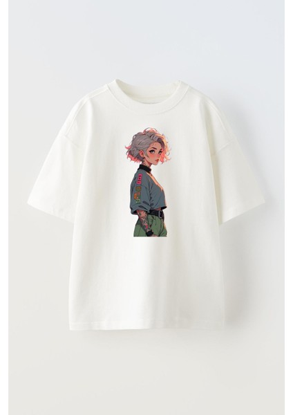 Unisex Beyaz Oversize Pamuk Küt Saçlı Beyaz Dövmeli Kadın Baskılı Örme T-Shirt