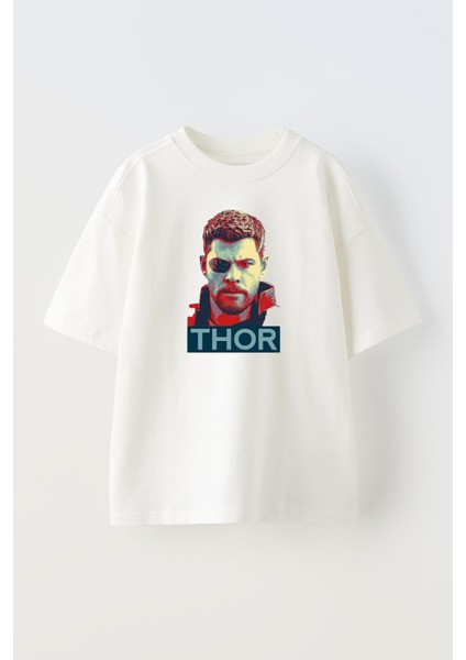 Unisex Beyaz Oversize Pamuk Thor Silik Baskılı Örme T-Shirt