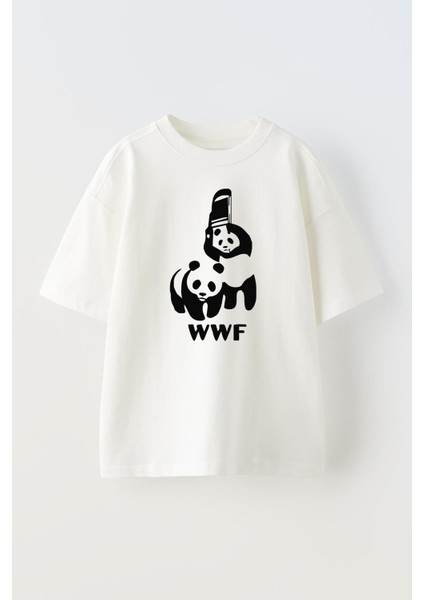 Unisex Beyaz Oversize Pamuk Wwf Panda Baskılı Örme T-Shirt