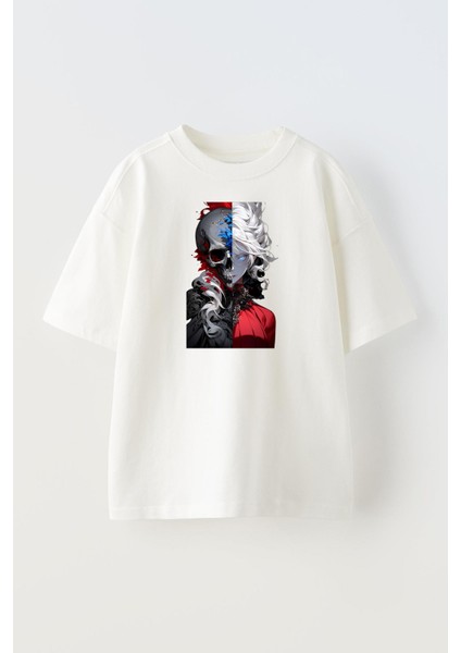 Unisex Beyaz Oversize Pamuk Kurukafa Anime Yarım Baskılı Örme T-Shirt