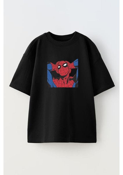 Unisex Siyah Oversize Pamuk Spiderman Dertli Baskılı Örme T-Shirt