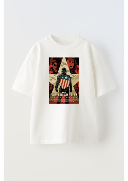 Unisex Beyaz Oversize Pamuk Captain America Baskılı Örme T-Shirt