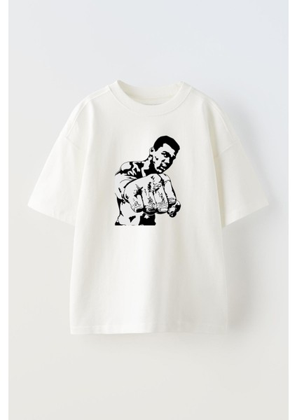 Unisex Beyaz Oversize Pamuk Muhammed Ali Direk Baskılı Örme T-Shirt