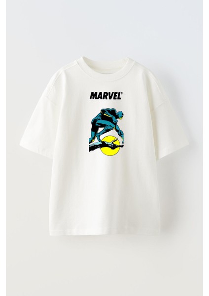 Unisex Beyaz Oversize Pamuk Marvel Gece Baskılı Örme T-Shirt