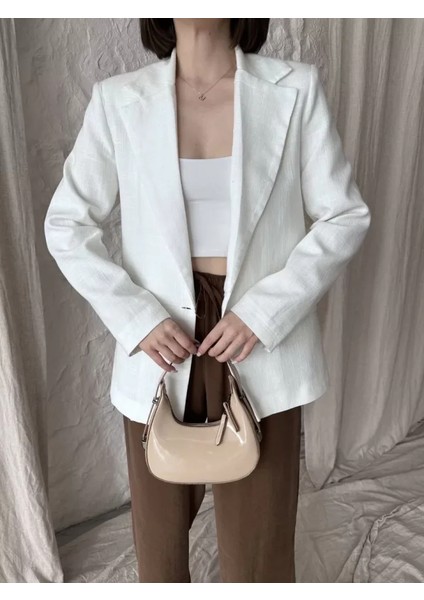 Keten Blazer Caket Beyaz