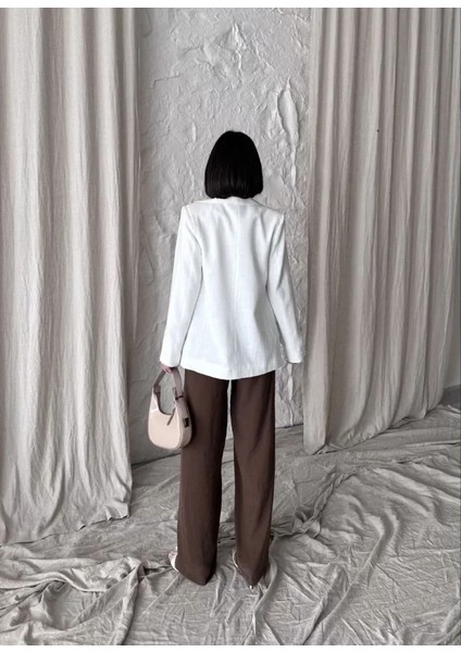 Keten Blazer Caket Beyaz