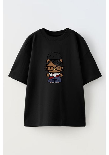 Unisex Siyah Oversize Pamuk Esmer Hello Kitty Baskılı Örme T-Shirt