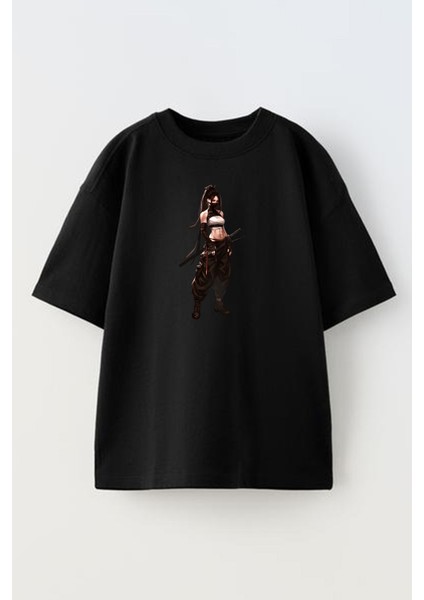Unisex Siyah Oversize Pamuk Samuray Kız Kılıçlı Baskılı Örme T-Shirt