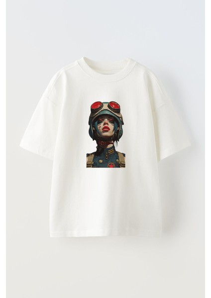 Unisex Beyaz Oversize Pamuk Pilot Kız Mavi Saçlı Baskılı Örme T-Shirt