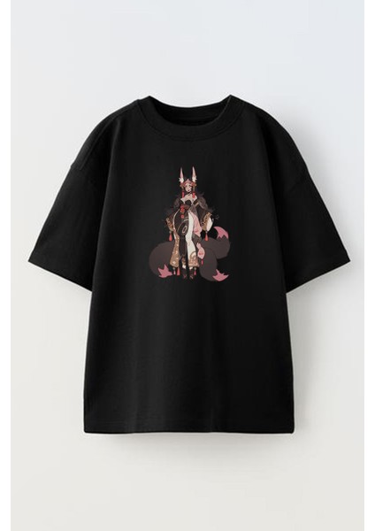 Unisex Siyah Oversize Pamuk Tilki Kürklü Prenses Baskılı Örme T-Shirt