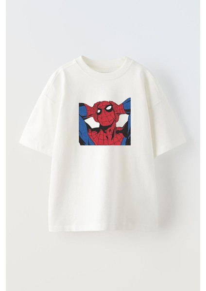 Unisex Beyaz Oversize Pamuk Spiderman Dertli Baskılı Örme T-Shirt