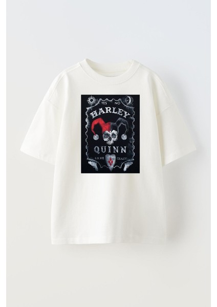Unisex Beyaz Oversize Pamuk Harley Quinn Baskılı Örme T-Shirt