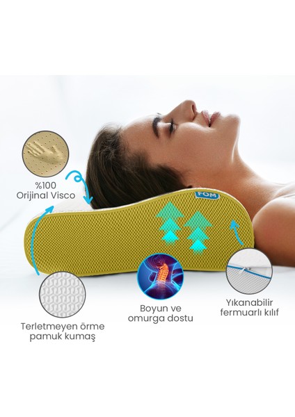 2'li Flex Tam Ortopedik Visco Konforlu Uyku Yastık Kampanyası, Ortopedik, 60 X 40 X 14/11, Sarı